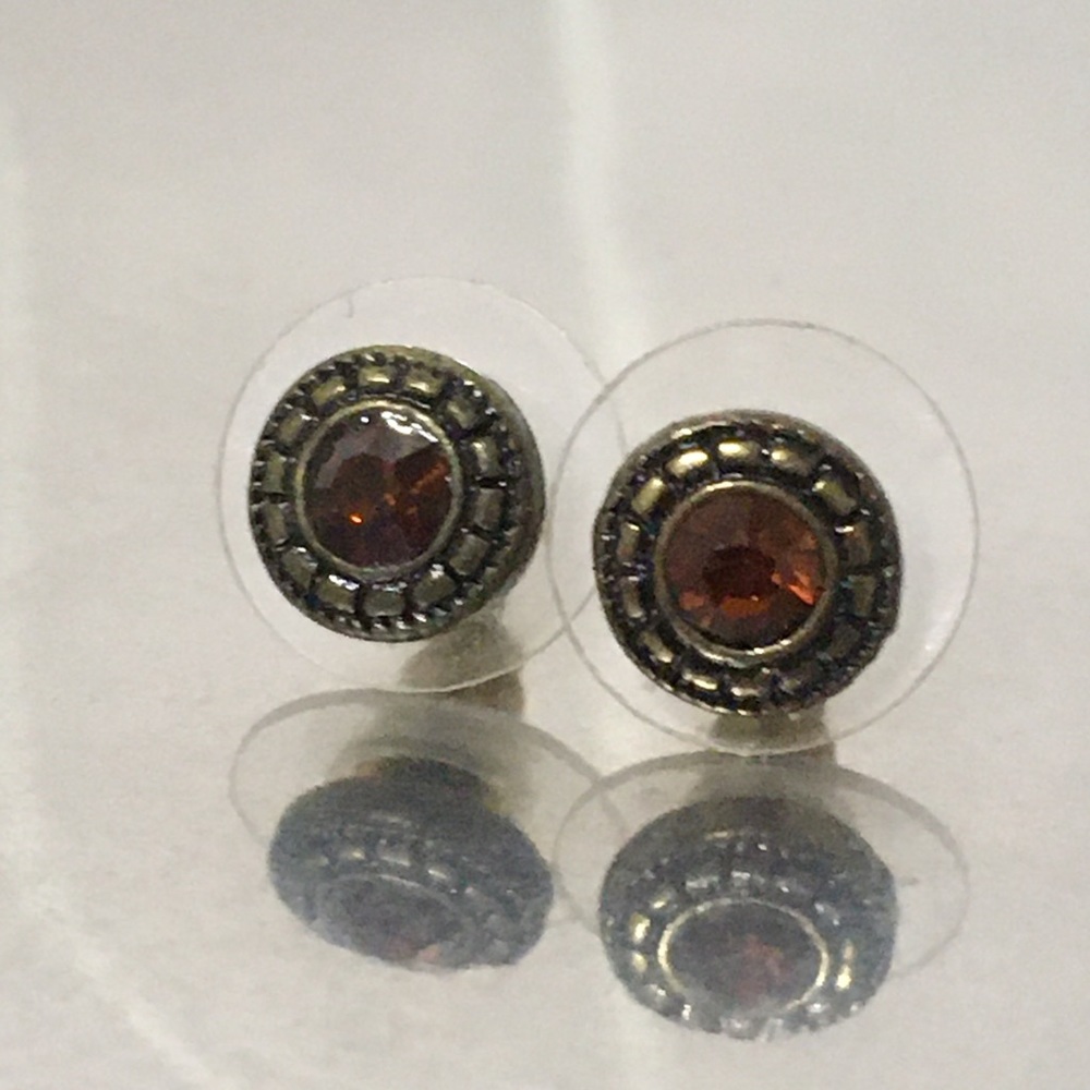 Amber Brown Bohemian Bronze Engraved Studs